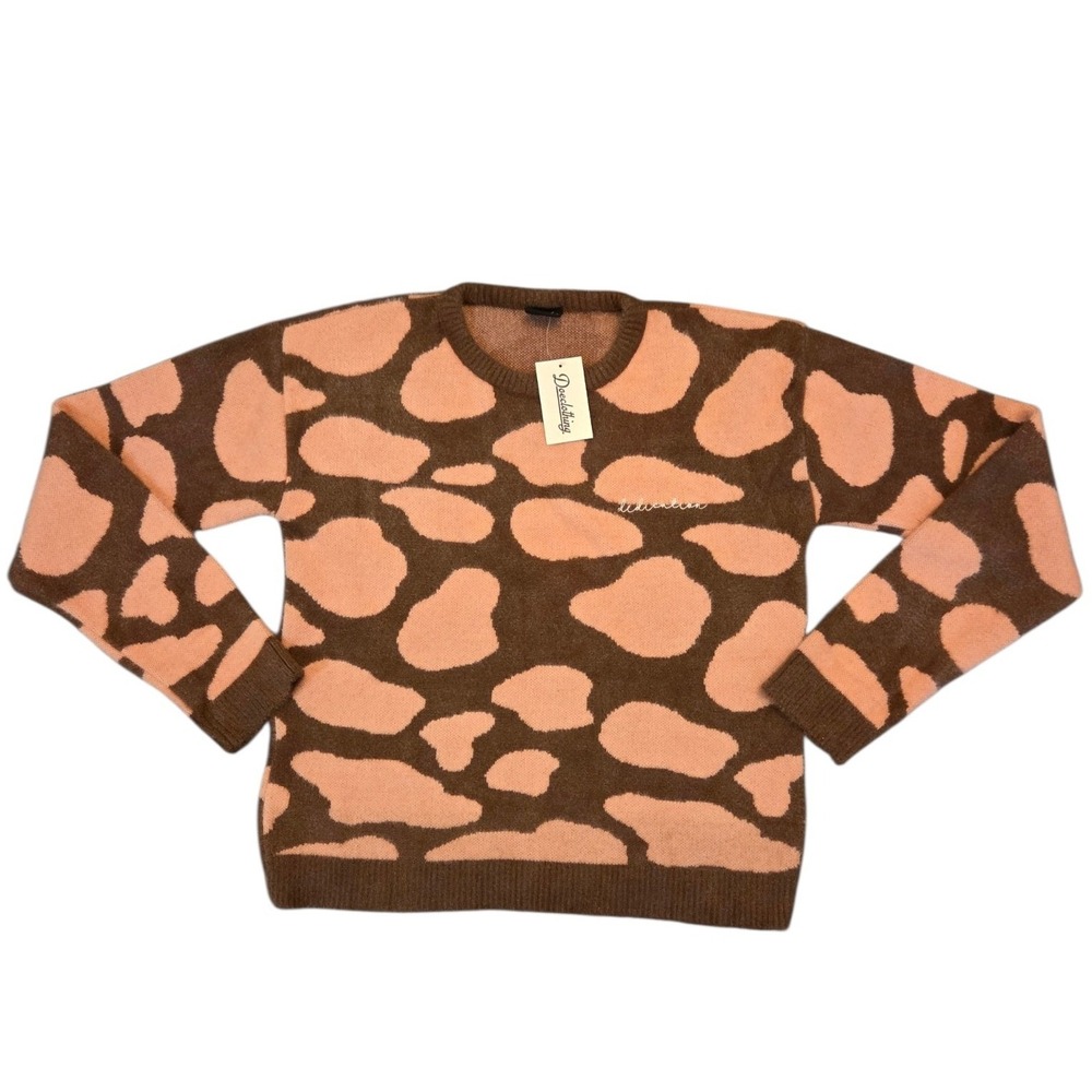 Doeclothing Cow Print Fuzzy Knit Crewneck Sweater Brown Pink Dedication Large